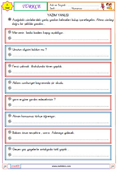 2. Sınıf Türkçe Yazım Yanlışı Etkinliği